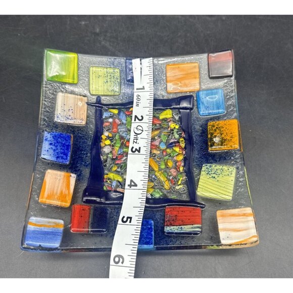 Colorful Fused Textured Art Glass Square Trinket Dish Ashtray 5.5” X 5.5” - Picture 6 of 6